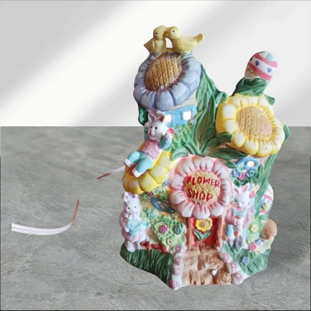 Cottontale Cottage Lighted Porcelain Bunny Flower Shop Figurine